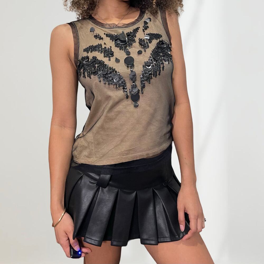 Italian Vintage 2000s tan & black micro mesh sleeveless top with sequins (S)